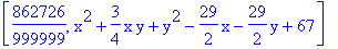 [862726/999999, x^2+3/4*x*y+y^2-29/2*x-29/2*y+67]